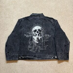 YoungLA Jacket Mens 2XL Black Denim Bomber Skull Back Graphic Horror YLA225